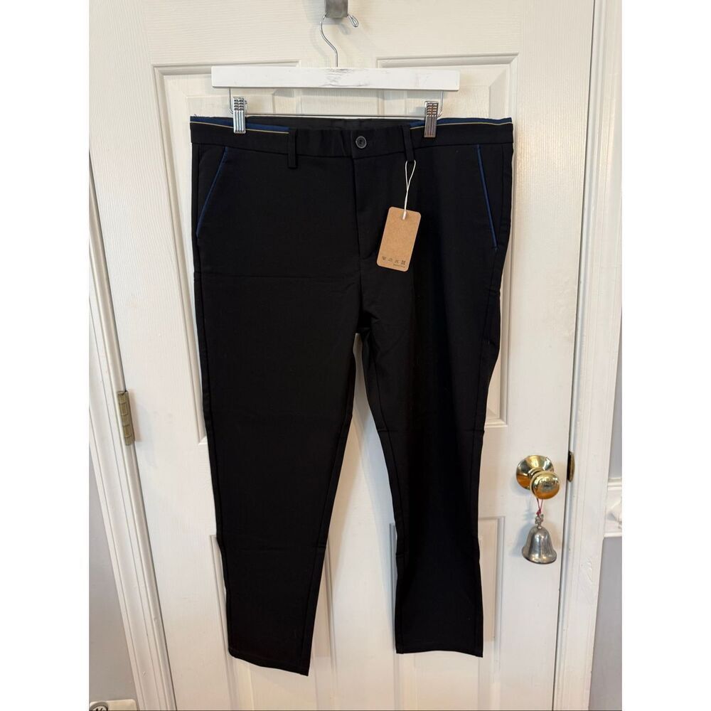 Plaid & Plain Black w/ Navy Trim Stretch Chino Pants sz 36X28 NWT